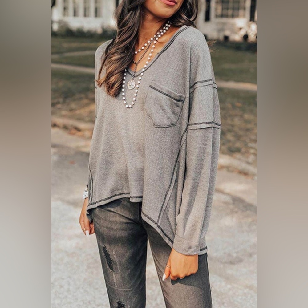 Gray Contrast Waffle Knit V-Neck Drop Shoulder Top - Picture 3 of 4